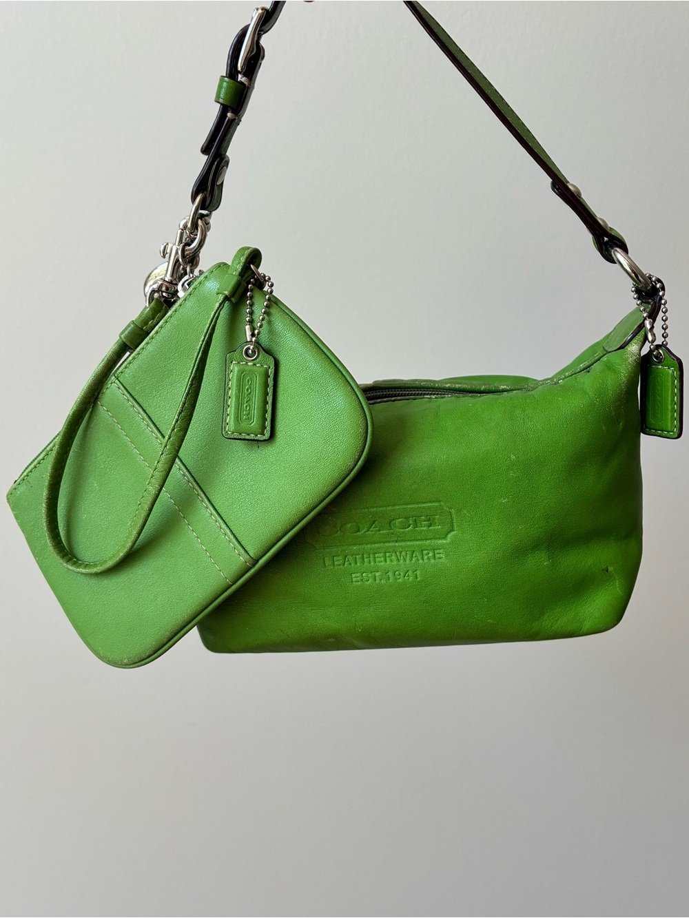 Coach Hamptons Est. 1941 Leatherware Y2K Mini Demi Bag & Wristlet Set Lime Green